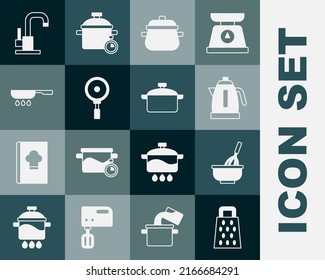 Set Grater, Kitchen whisk with bowl, Electric kettle, Cooking pot, Frying pan, Water tap and  icon. Vector