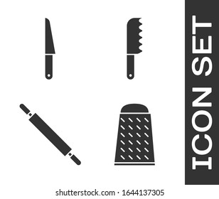Set Grater, Knife, Rolling pin and Bread knife icon. Vector