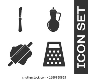 Set Grater , Knife , Rolling pin  and Bottle of olive oil  icon. Vector