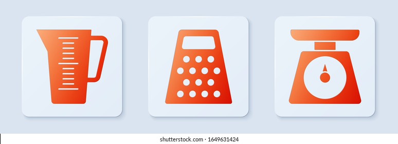 Set Grater , Measuring cup and Scales . White square button. Vector