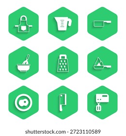 Set Reibe, Fleischhacker, Elektrischer Mixer, Pfanne, Rührei, Küchenwhisk mit Schüssel, Saucepan und Schürzen-Symbol. Vektorgrafik