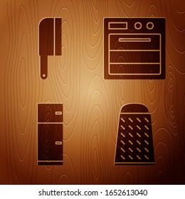 Set Grater, Meat chopper, Refrigerator and Oven on wooden background. Vector