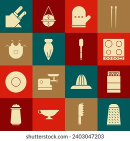 Set Grater, Open matchbox and matches, Gas stove, Oven glove, Pastry bag for decorate cakes, Kitchen apron, Knife and Spoon icon. Vector