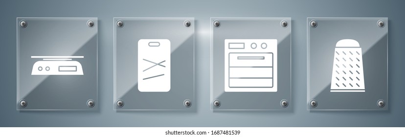 Set Grater, Oven, Cutting board and Electronic scales. Square glass panels. Vector