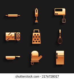 Set Grater, Oven glove, Refrigerator, Kitchen whisk, Frying pan, Microwave oven, Electric mixer and Rolling pin icon. Vector