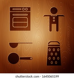 Set Grater , Oven , Measuring spoon  and Holiday gingerbread man cookie  on wooden background. Vector