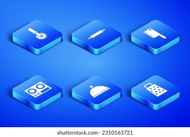 Set Grater, Pizza knife, Covered with tray, Gas stove, Rolling pin and Meat chopper icon. Vector