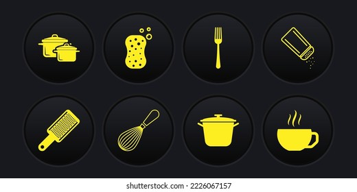Set Grater, Salt and pepper, Kitchen whisk, Cooking pot, Fork, Sponge with bubbles, Coffee cup and icon. Vector