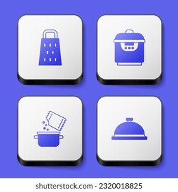 Set Grater, Slow cooker, Cooking pot and spice and Covered with tray of food icon. White square button. Vector