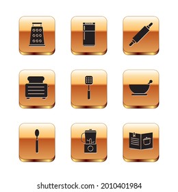 Set Grater, Spoon, Blender, Spatula, Toaster with toasts, Rolling pin, Cookbook and Refrigerator icon. Vector