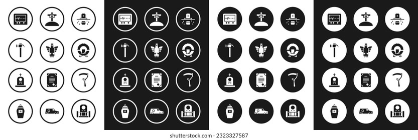 Set Grave with coffin, Christmas angel, Hammer, Beat dead monitor, Memorial wreath, cross, Scythe and tombstone icon. Vector