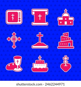 Set Grave with cross, Ark of noah, Religious in heart, Babel tower bible story, Goblet and bread, Christian, Church building and Online church pastor preaching icon. Vector