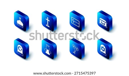 Set Grave with cross, Beat dead in monitor, Coffin, star david, Flower, Angel, Muslim cemetery and Church tower icon. Vector