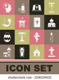 Set Grave with cross, Burning candle, Church building, Pope hat, sermon tribune, Dove, Priest and Holy bible book icon. Vector