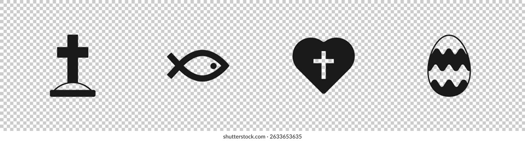 Set Grave with cross, Christian fish symbol, in heart and Easter egg icon. Vector