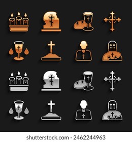 Set Grave with cross, Christian, Knight crusader, Priest, chalice, Goblet and bread, Burning candle in candlestick and tombstone icon. Vector