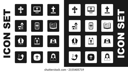 Set Grave with cross, Christian on phone, Church building, Holy bible book, monitor, Pope hat and  icon. Vector