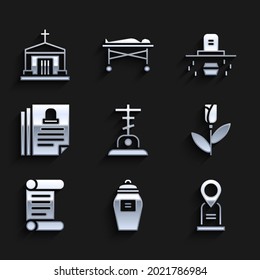Set Grave with cross, Funeral urn, Location grave, Flower rose, Decree, parchment, scroll, Death certificate, coffin and Old crypt icon. Vector