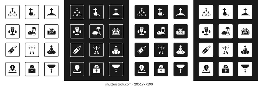 Set Grave with cross, Goblet and bread, Christian chalice, Priest, Stained glass, Church tower and Holy water bottle icon. Vector