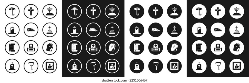 Set Grave with cross, Hearse car, Burning candle, Umbrella, Christian, Coffin and Decree, parchment, scroll icon. Vector