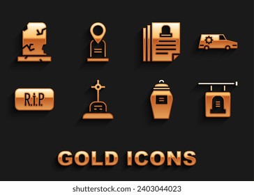 Set Grave with cross, Hearse car, Signboard tombstone, Funeral urn, Speech bubble rip death, Death certificate, Old grave and Location icon. Vector