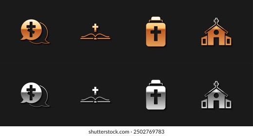 Set Grave with cross, Holy bible book, Funeral urn and Church building icon. Vector