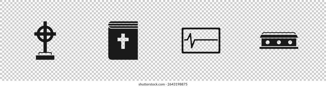 Set Grave with cross, Holy bible book, Beat dead in monitor and Coffin icon. Vector