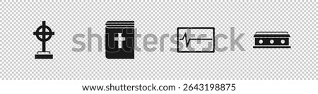 Set Grave with cross, Holy bible book, Beat dead in monitor and Coffin icon. Vector
