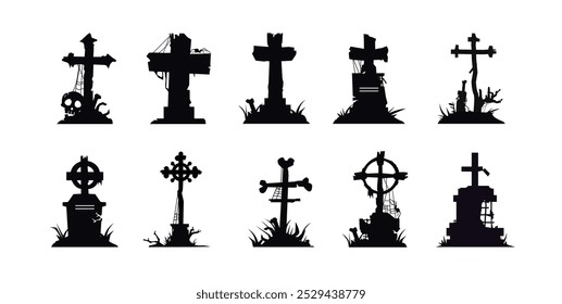 Conjunto de iconos de cruz de tumba. Ilustración plana de iconos de la muerte para conmemorar a alguien, perfecto para Halloween.