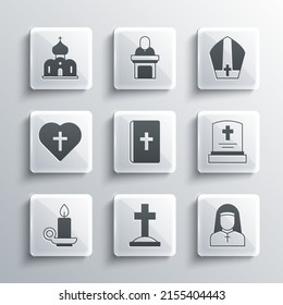 Set Grave with cross, Nun, tombstone, Holy bible book, Burning candle in candlestick, Christian heart, Church building and Pope hat icon. Vector