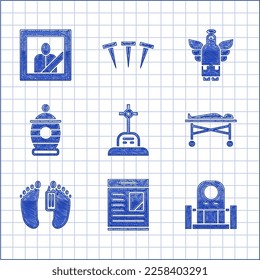 Set Grave with cross, Obituaries, tombstone, Dead body in the morgue, Funeral urn, Christmas angel and Mourning photo frame icon. Vector