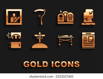 Set Grave with cross, Old grave tombstone, Obituaries, Dead body in the morgue, Crematorium, Mourning photo frame and Scythe icon. Vector