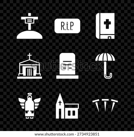 Set Grave with cross, Speech bubble rip death, Holy bible book, Christmas angel, Church building, Metallic nails, Old crypt and tombstone icon. Vector
