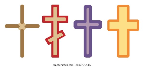 Set of grave crosses. Hand drawn vector flat. Halloween. Scary cemetery. Funeral. Rest in peace. Religion, traditions. Color illustration.