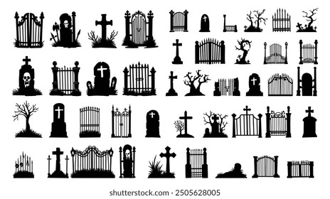 Set of Grave and fence silhouette illustration on white background.Halloween vector for decoration or sticker