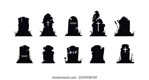 Set of grave icons with gravestones and symbols. Flat illustration of death icons to commemorate someone.