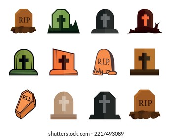 Set Of The Grave Illustrations Clip Art Colorful Collections, Spooky Cottage Scene With Big Grave, Ghosts, White Background. Pit Creative Unique Tomb Premium Vector.