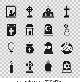 Set Grave with star of david, Memorial wreath, Flower in vase, Church building, Old crypt, Calendar death, Mourning photo frame and Muslim cemetery icon. Vector