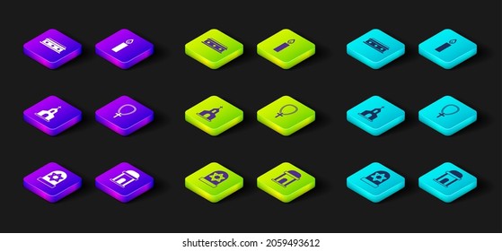 Set Grave with star of david, Old crypt, Church building, Christian cross on chain, Burning candle and Coffin icon. Vector