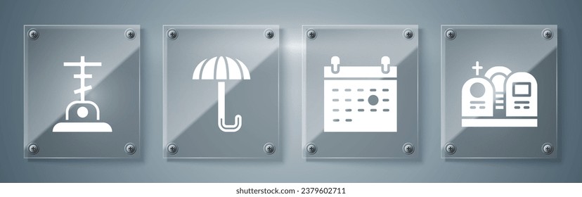 Set Grave with tombstone, Calendar death, Umbrella and Grave with cross. Square glass panels. Vector