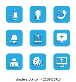 Set Grave with tombstone, Christian bread, cross monitor, Location church building, Church, bell, Dove and Burning candle candlestick icon. Vector