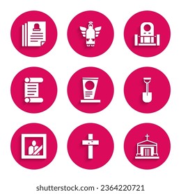 Set Grave with tombstone, Christian cross, Old crypt, Shovel, Mourning photo frame, Decree, parchment, scroll,  and Death certificate icon. Vector