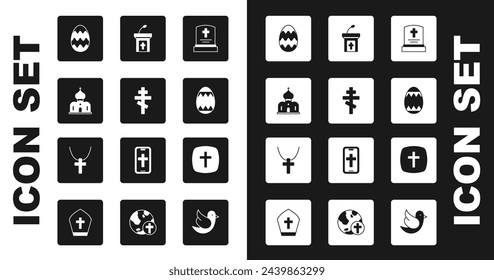 Set Grave with tombstone, Christian cross, Church building, Easter egg, sermon tribune,  and chain icon. Vector