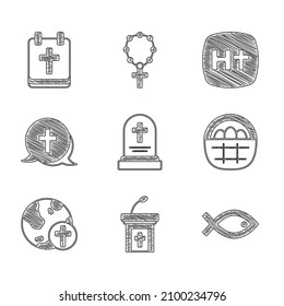 Set Grave with tombstone, Church sermon tribune, Christian fish symbol, Basket easter eggs, cross globe,  and Calendar Easter icon. Vector