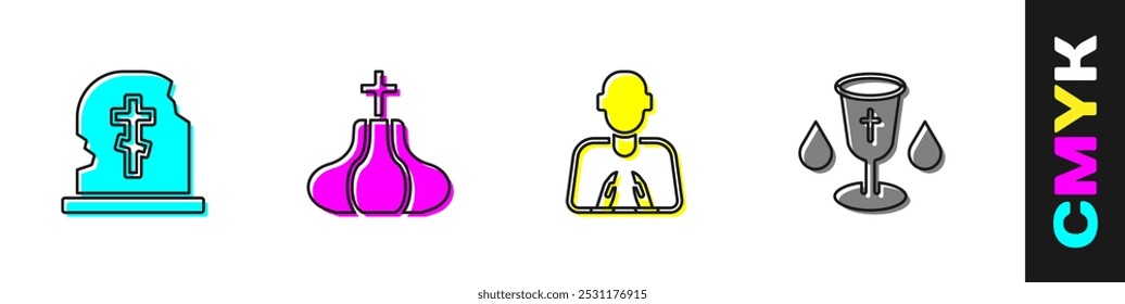 Set Grab mit Grabstein, Kirchturm, Hände in betender Position und christlichen Kelch Ikone. Vektorgrafik