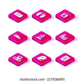 Set Grave with tombstone, Coffin cross, Hearse car, Death certificate, Church building, Signboard and Dead body icon. Vector