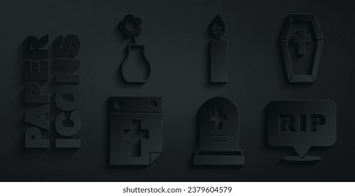 Set Grave with tombstone, Coffin cross, Calendar death, Speech bubble rip, Burning candle and Flower vase icon. Vector