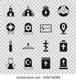Set Grave with tombstone, Funeral urn, Coffin cross, star david, Memorial wreath, Church building and Beat dead monitor icon. Vector