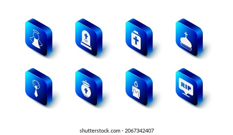 Set Grave with tombstone, Funeral urn, Church tower, Speech bubble rip death, Burning candle, Tie and Angel icon. Vector