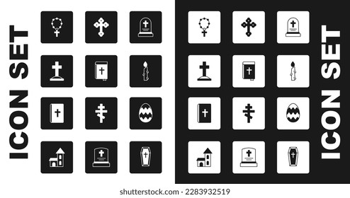 Set Grave with tombstone, Holy bible book, cross, Rosary beads religion, Burning candle, Christian, Easter egg and  icon. Vector